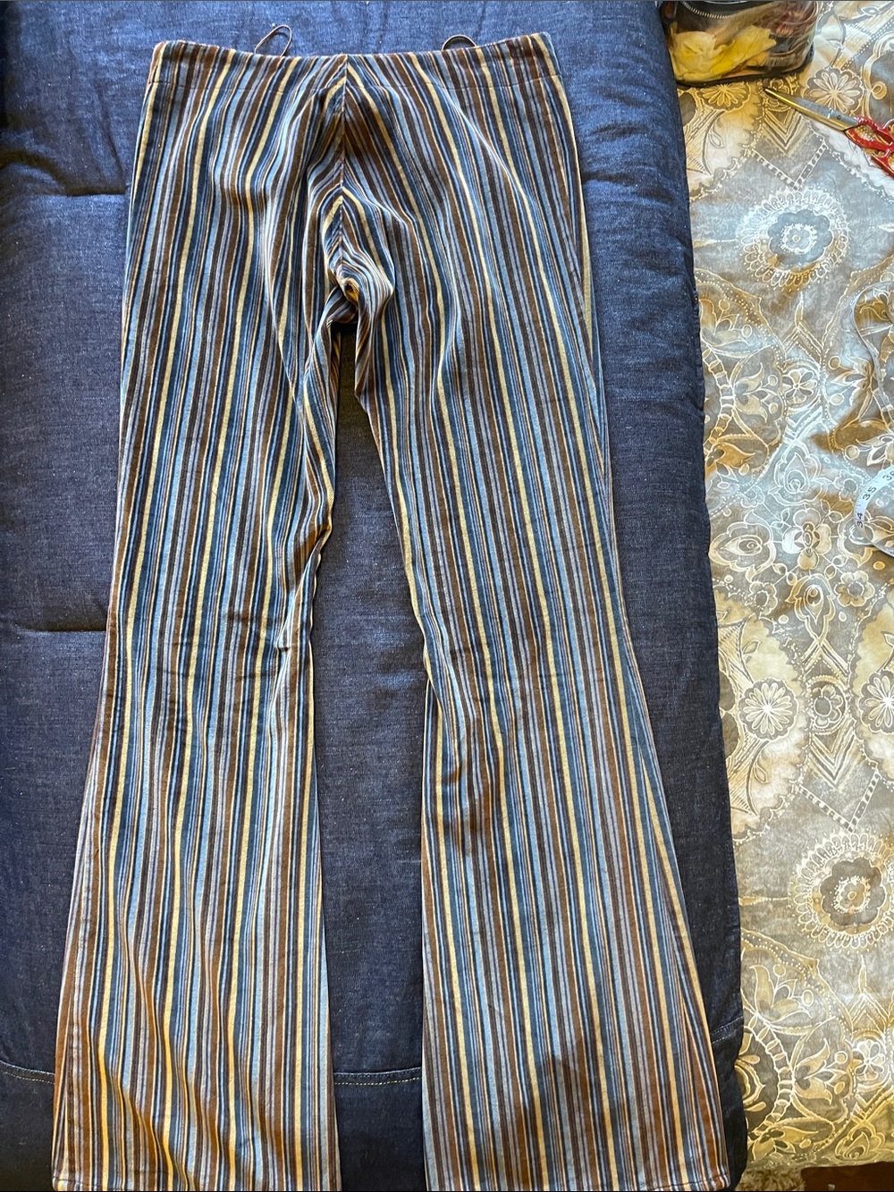 Bebe Vintage Striped Lace-Up Flared Pants - Navy, Brown, Tan size 4 - Picture 10 of 10